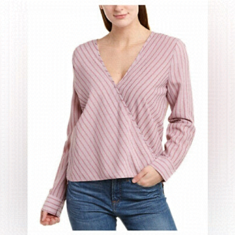 BCBGMAXAZRIA Womens Pink Faux Wrap High Low Striped Blouse Shirt Size Medium